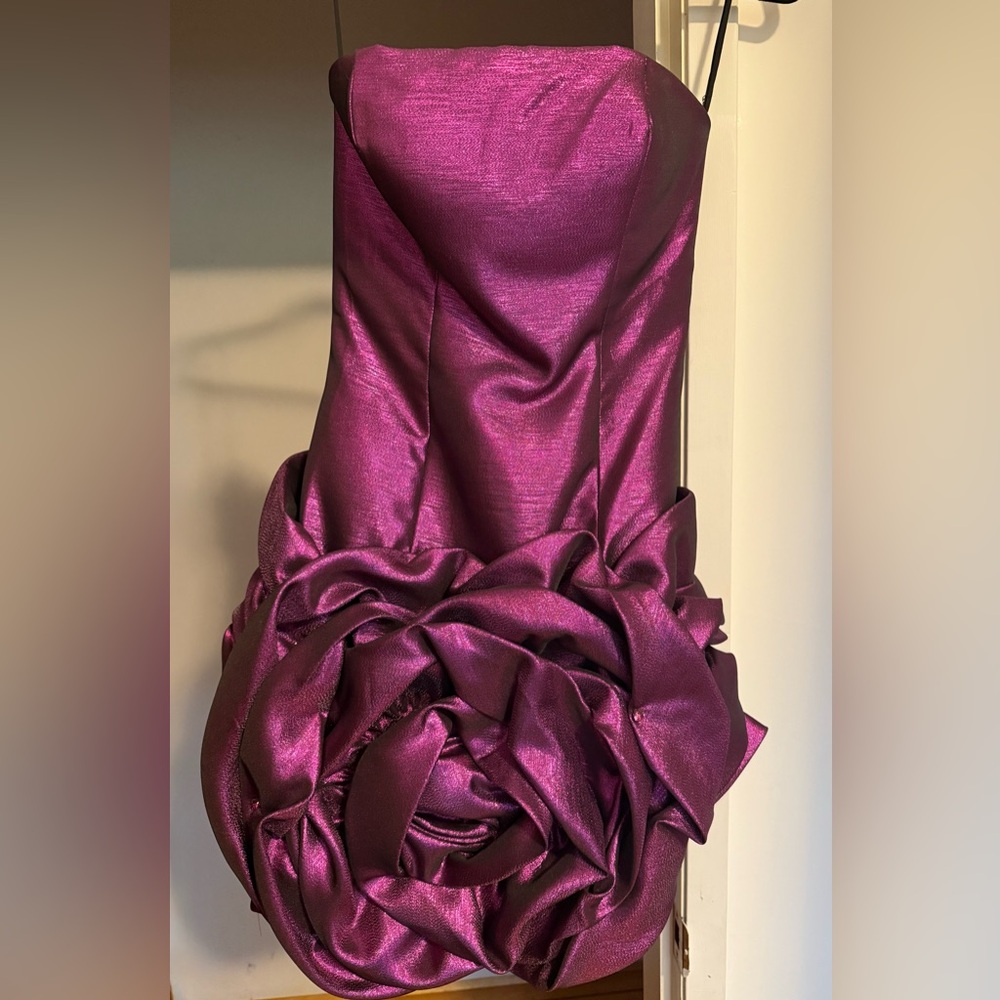 Jovani Strapless Metallic Purple Dress with Rosette Detail